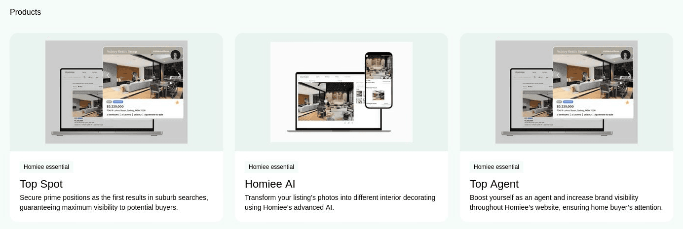 Homiee products page showing three paid products: Top Spot for priority suburb placement, Homiee AI for restyling listing photos, and Top Agent for agent visibility.