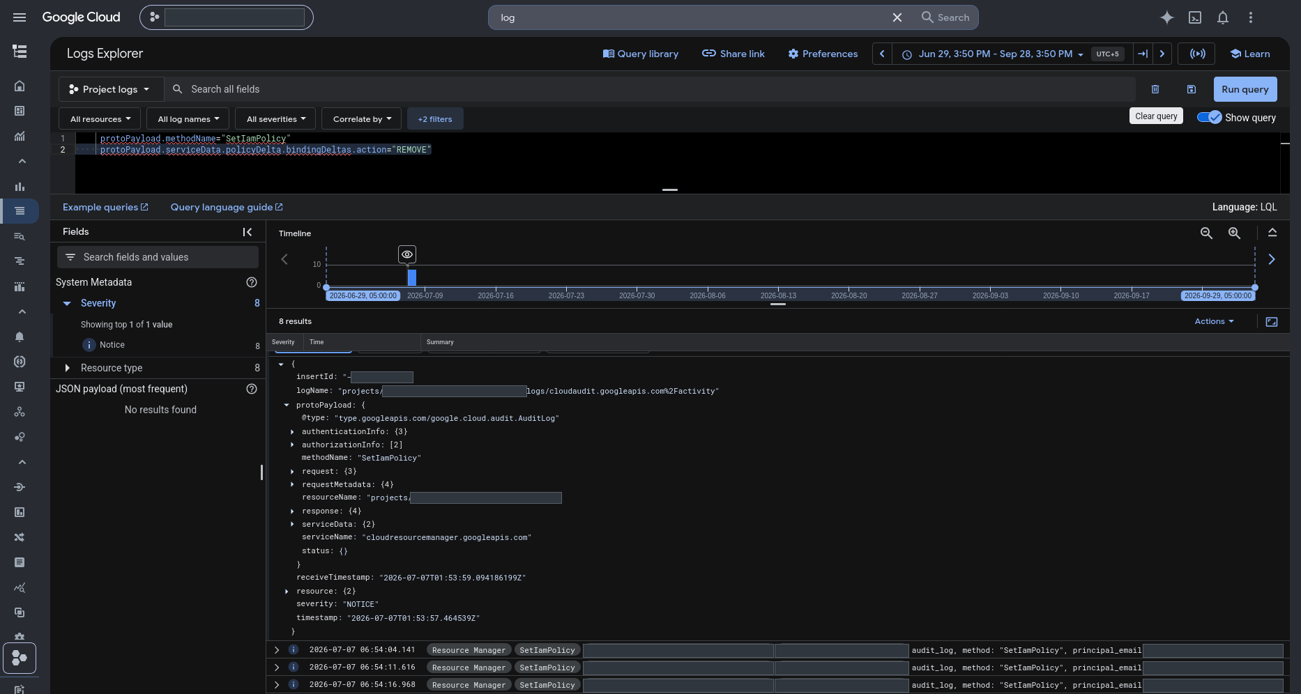Google Cloud Logs Explorer running an audit-log query for IAM policy changes that removed role bindings. It returns 8 results on 7 July 2026, with one entry expanded. The project name, project ID and account email are redacted.